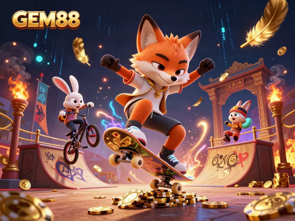GEM88 enhances gameplay excitement with a vibrant 3D scene showcasing a fox and rabbit in a dynamic casino environment.