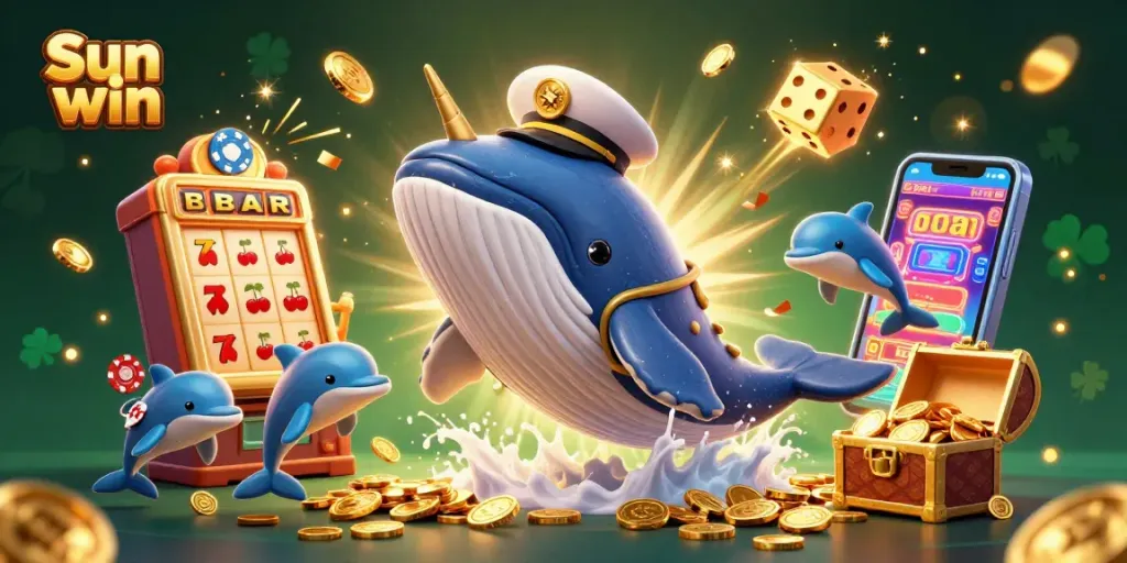 Experience thrilling wins at Sun win with a cartoon whale and a jackpot explosion in a vibrant casino setting.