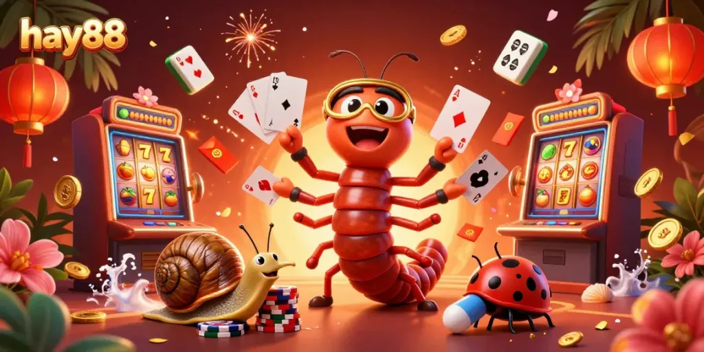 Experience the excitement of hay88 with a vibrant casino scene featuring a millipede dealer and high-roller snail.