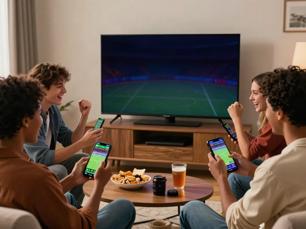 Group of friends enjoying online betting experience at nhà cái Vin88, cheering for sports events.