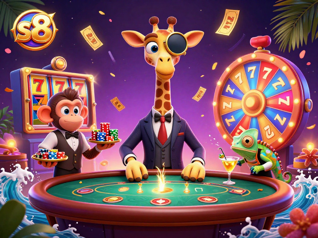 Experience the excitement at s8, featuring dynamic slot games with colorful elements in a vibrant casino scene.
