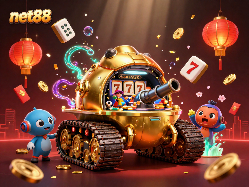 Experience net88 with a lively 3D casino scene showcasing vibrant slot elements and celebrations.