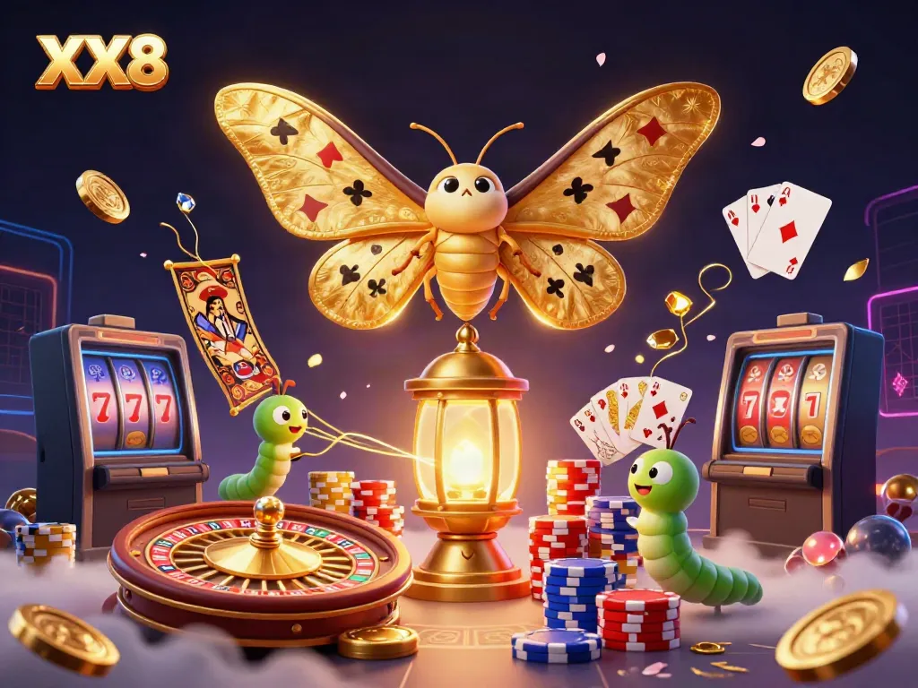 Experience the thrill of online gambling with XX8's vibrant casino scene featuring majestic characters and dynamic game elements.
