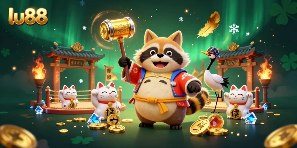 Experience the vibrant world of LU88 casino with a cheerful tanuki and lucky fortune cats!