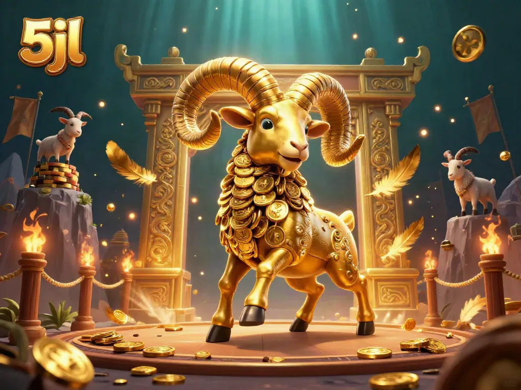 Experience thrilling action with 5jl's golden ram charging through a gambling arena filled with tokens and rewards.
