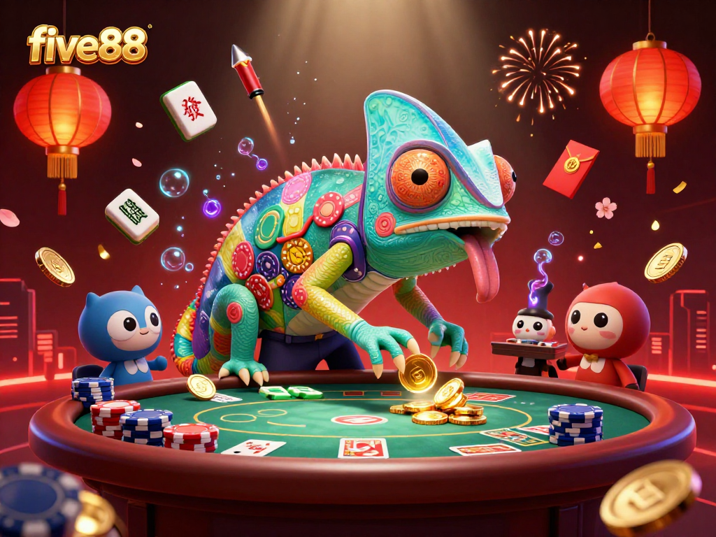 Experience the excitement of five88 with a colorful 3D chameleon casino owner surrounded by dynamic gambling elements.