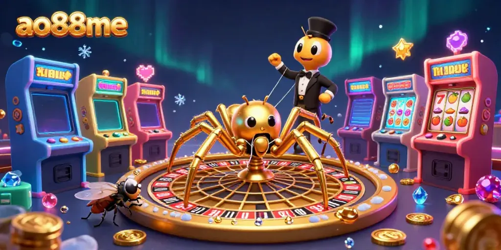 A dynamic scene featuring ao88me with a cartoon spider and centipede croupier in a casino setting, spinning a roulette web.