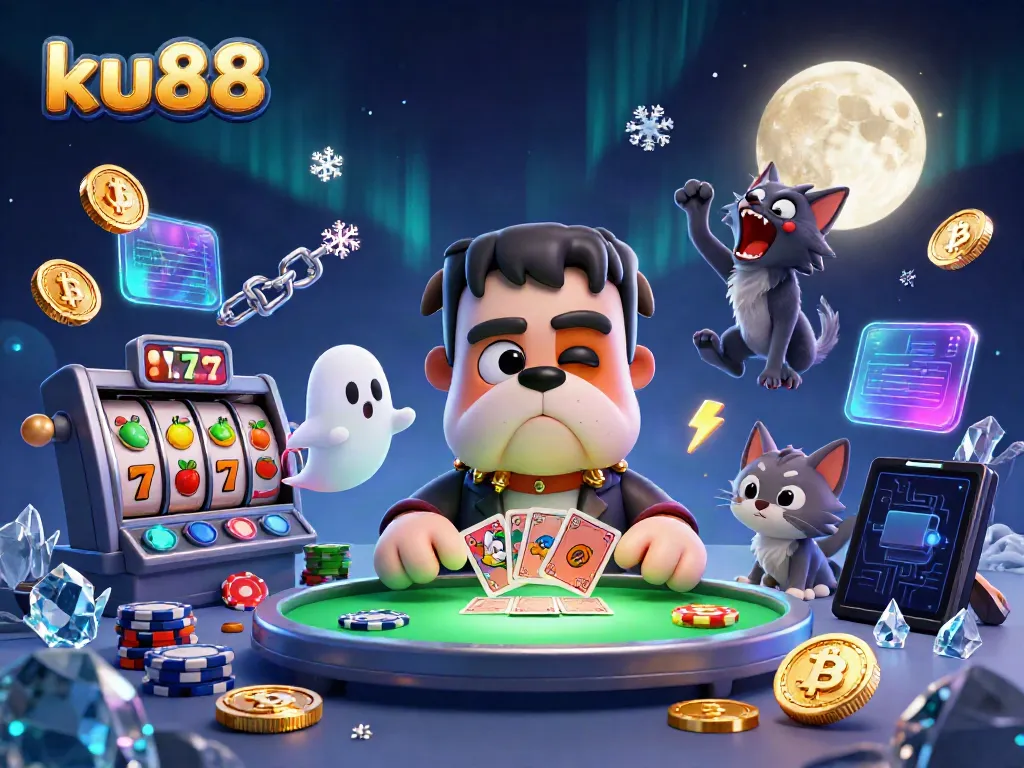 Play at ku88 casino with an energetic scene featuring a Frankenstein bulldog dealing cards by the spooky table.