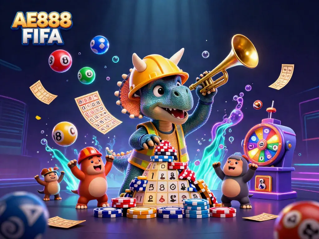 Win big with AE888 FIFA in this vibrant, exciting cartoon illustration of a jubilant casino scene.