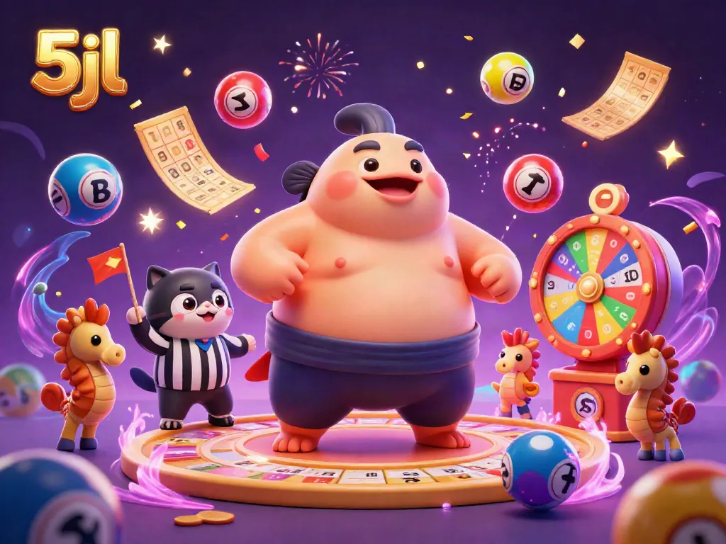 Engage in thrilling lottery excitement with 5jl's vibrant casino animation featuring a sumo wrestler fugu, catfish referee, and dynamic game elements.
