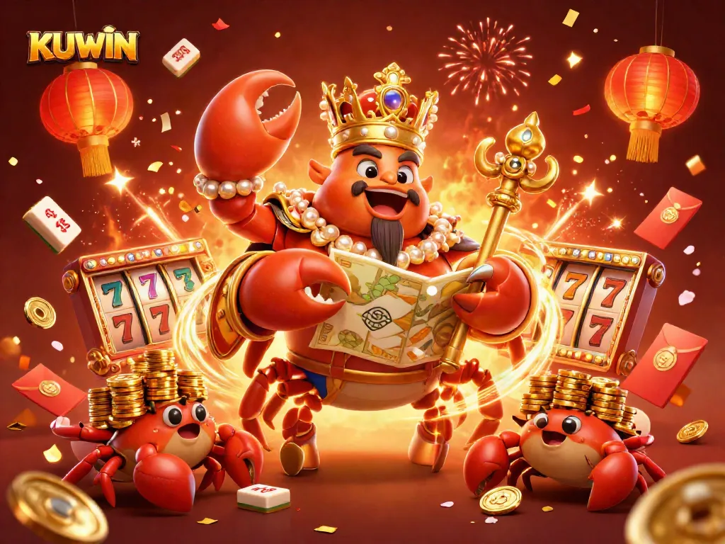 Experience thrilling KUWIN gameplay with a golden crab emperor surrounded by dazzling casino elements.