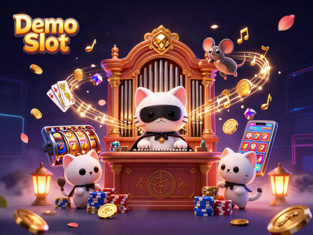 Play the Demo Slot with an engaging 3D illustration featuring casino-themed characters and elements.