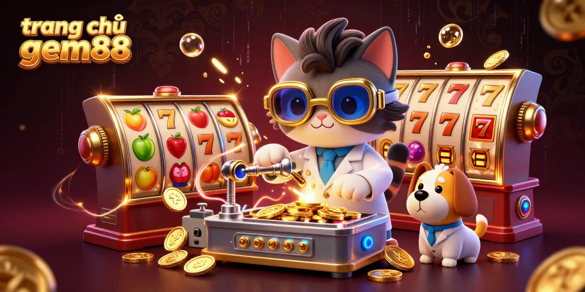 Experience the excitement at trang chủ gem88 with a dynamic scene of a mad scientist cat and a dog assistant amid spinning slot reels and golden coins.