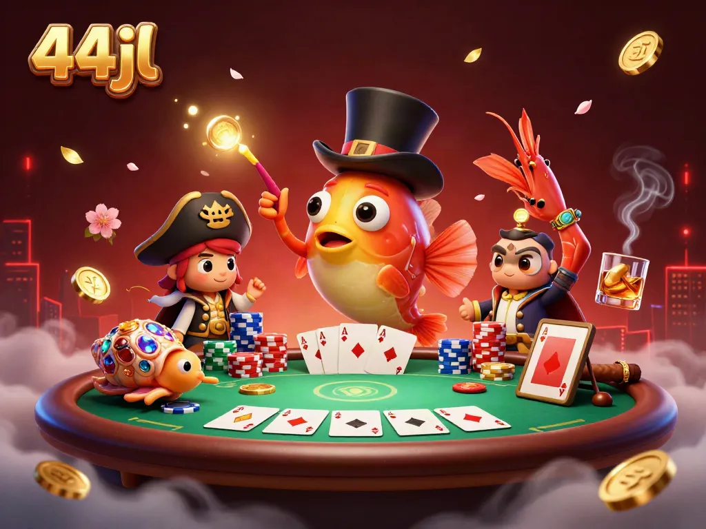 Engage with 44jl's dynamic casino scene featuring vibrant characters and casino elements.
