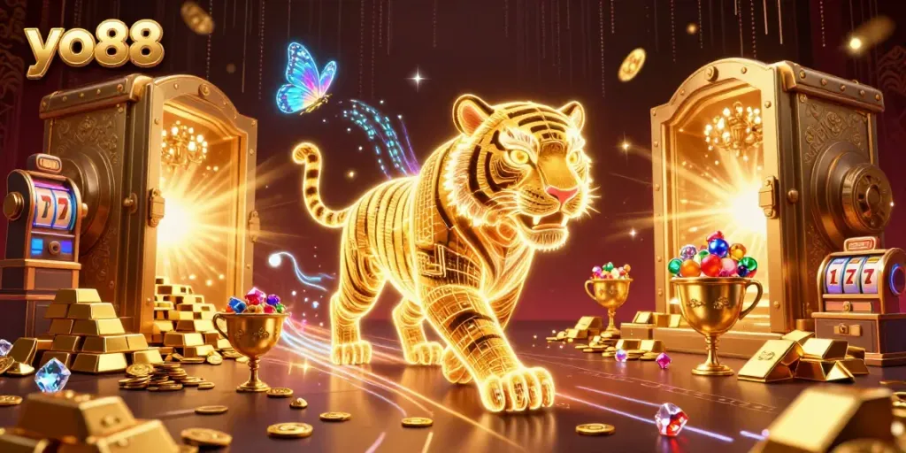 Engage with the vibrant yo88 casino scene featuring a neon-wireframe tiger amidst slots and treasures.