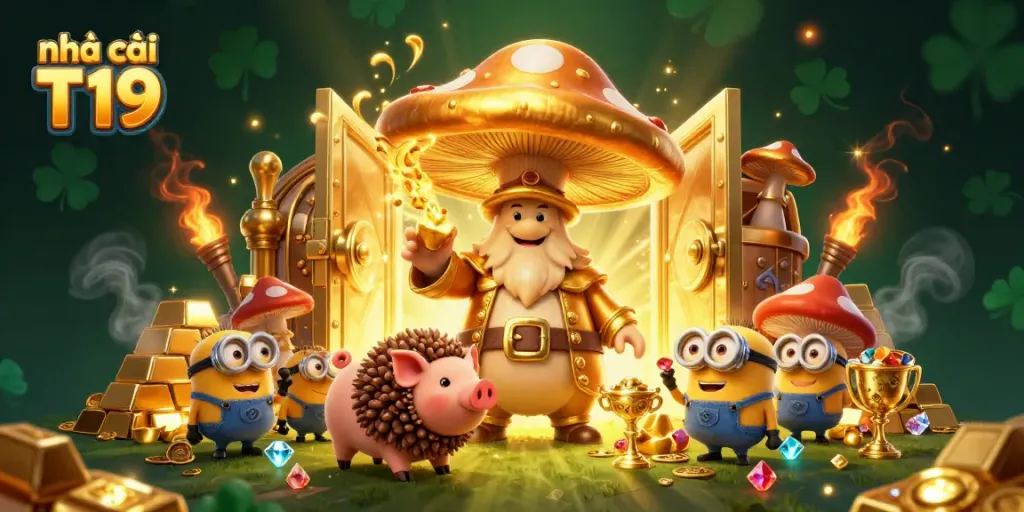 Experience the magic of nhà cái T19 with a golden mushroom wizard and his treasure-seeking pig in a rich casino world.