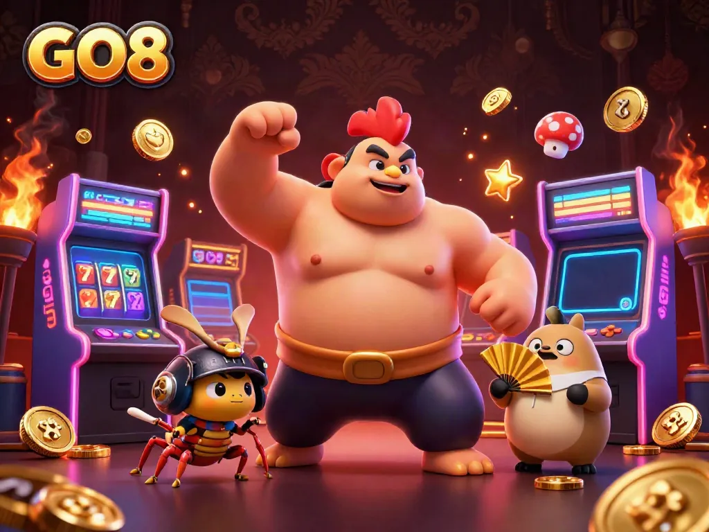 Experience GO8 at the center of a vibrant casino scene with glowing game elements, sumo wrestler, samurai cricket, and tanuki announcer.