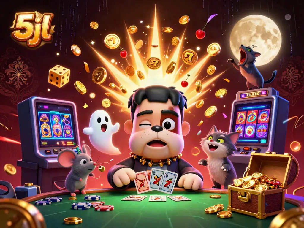 Experience thrilling gaming action with 5jl as a Frankenstein bulldog and ghost mouse deliver cards at a casino table.