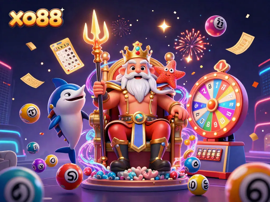 Exciting XO88 lottery scene featuring Neptune, samurai, and vibrant elements for online gambling