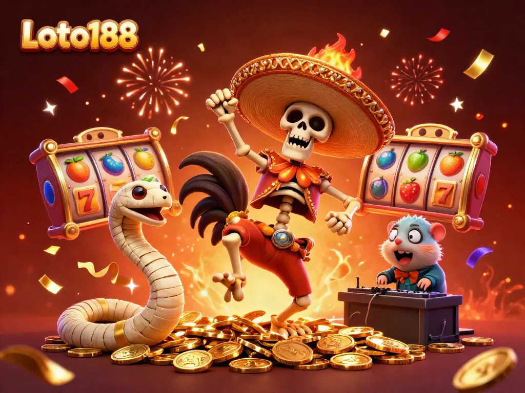 Experience victory with Loto188's lively 3D celebration featuring a mariachi rooster and exciting gambling elements.