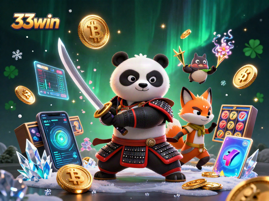Engage with 33win: A vibrant 3D scene featuring characters and crypto gambling elements.