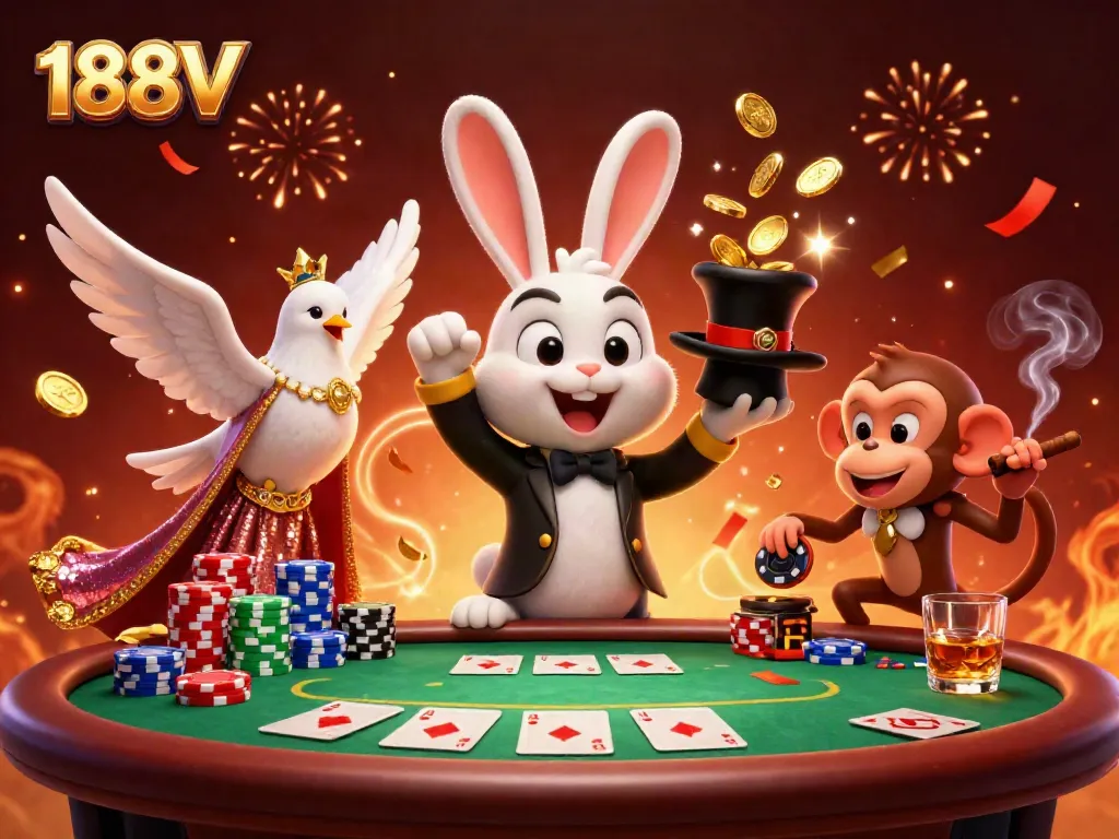 Witness the magic of 188V with a rabbit, dove, and monkey surrounded by poker chips and confetti.