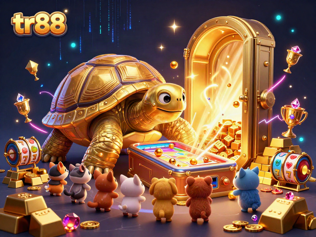 tr88 spins the slot reels while golden tortoise and animals celebrate riches in a vibrant casino