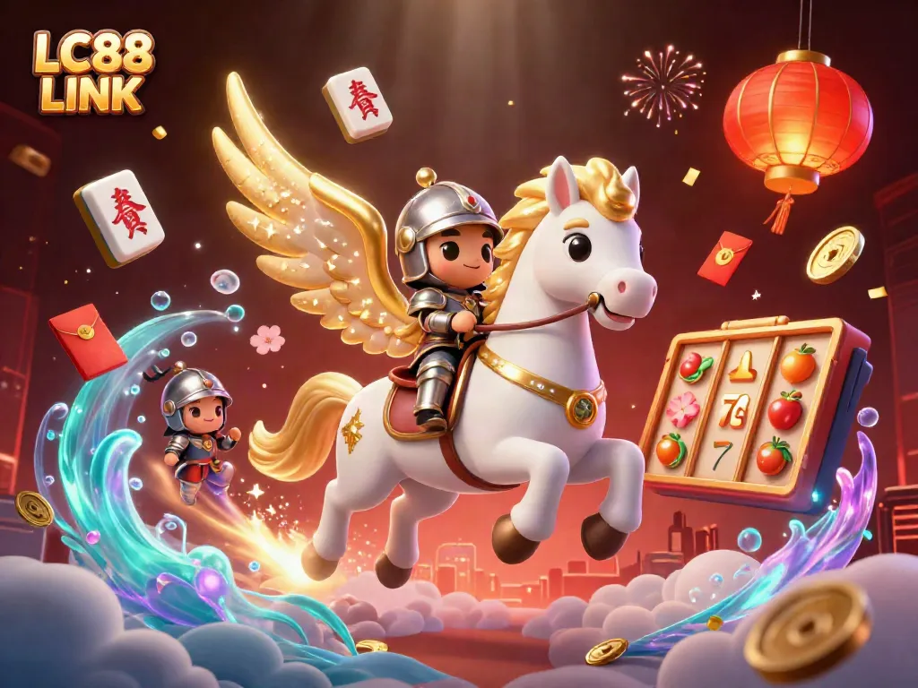 Experience the thrill of gaming with LC88 LINK, featuring a knight and celestial horse in a vibrant casino scene.