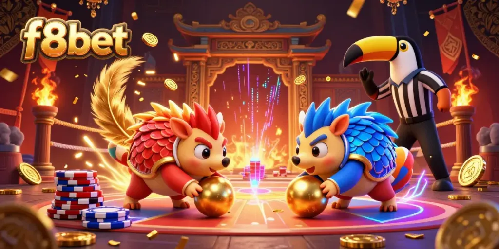 Engage in thrilling f8bet games featuring animated pangolins bowling through poker chips amidst confetti.