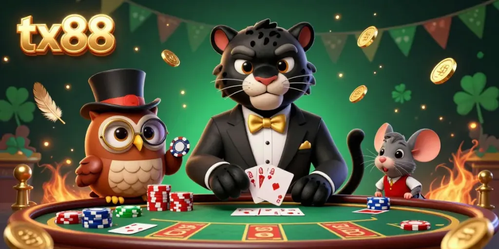 Experience thrilling gaming at tx88 with a stylish black panther dealer and casino elements.