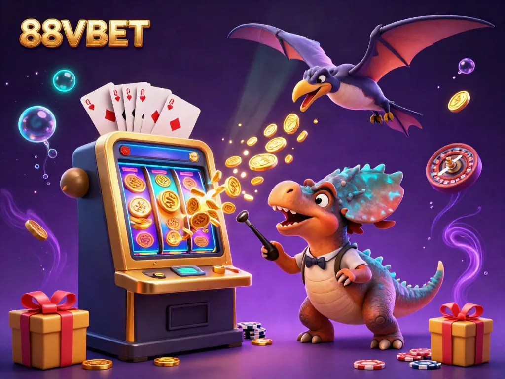 Experience the thrill of 88VBET as a pachycephalosaurus wins jackpots, coins raining down in a lively casino.