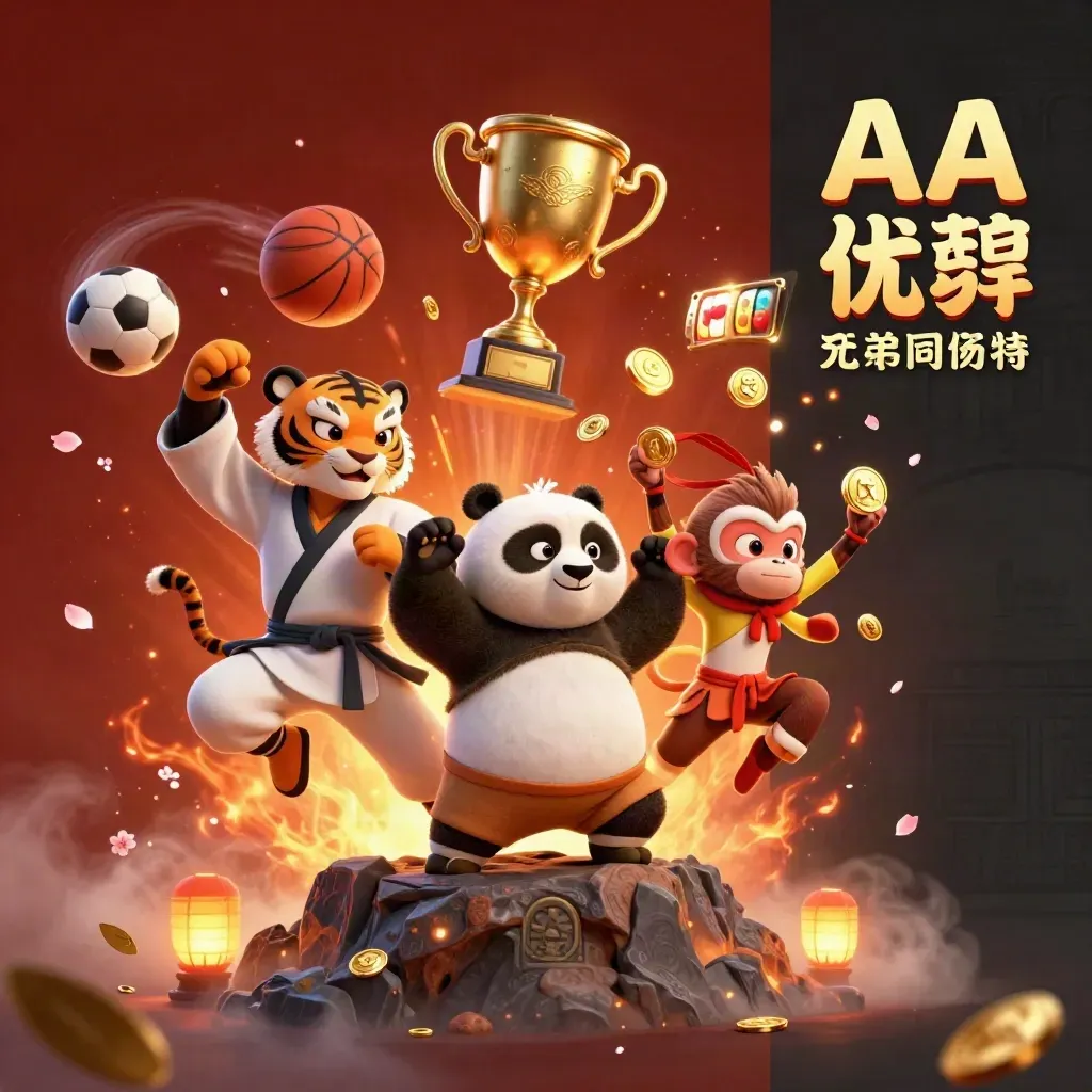 Kung-fu tiger, panda, and monkey amid flying sports balls, gold, firelight, and casino magic.