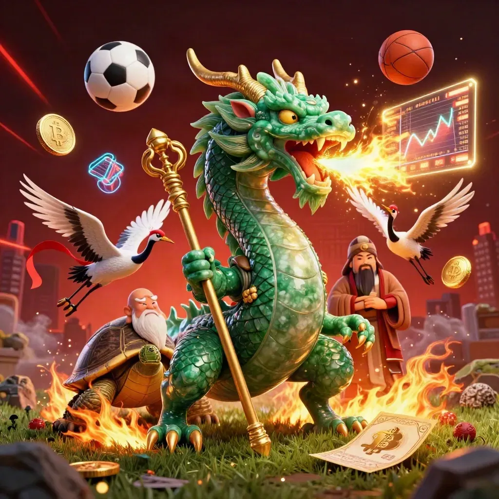 Dragon, turtle sage, and cranes amid flying sports balls, fire, coins, and neon casino effects.