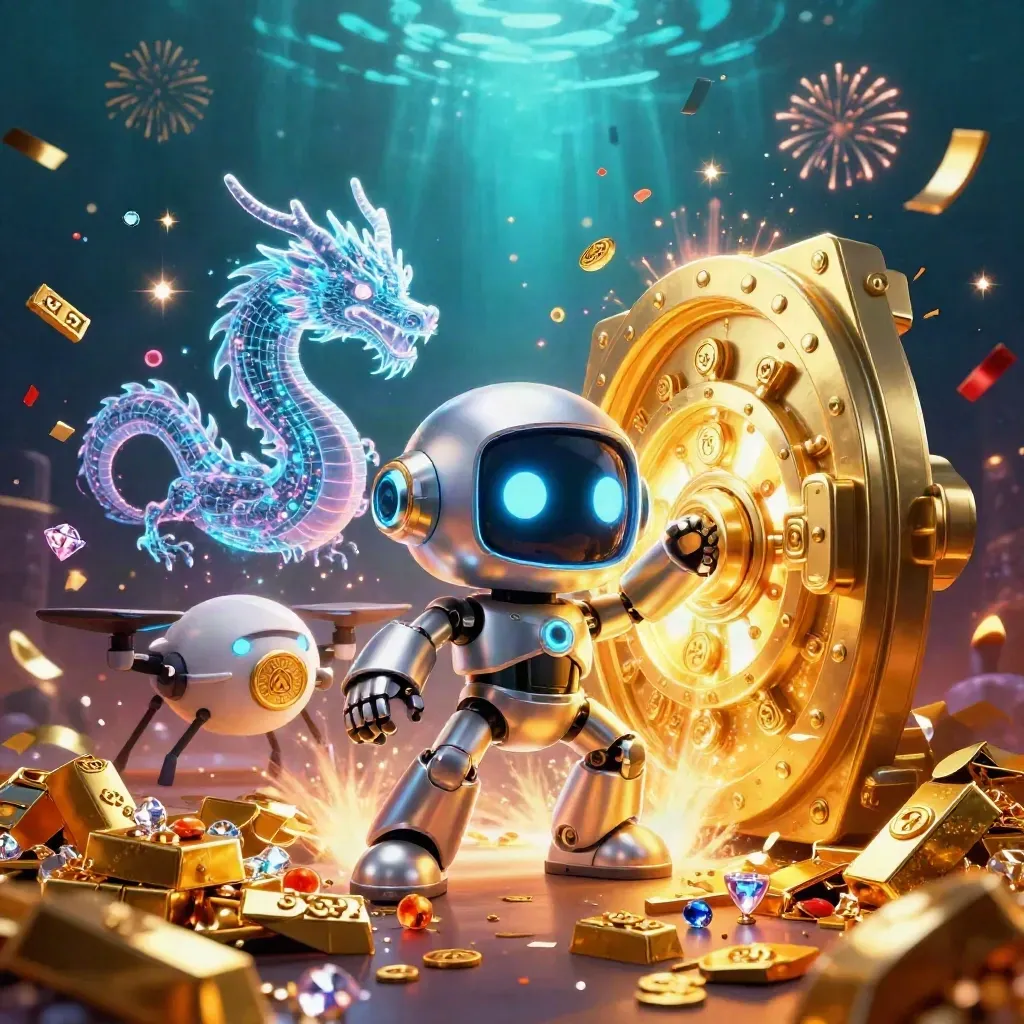 Robot mascot, holographic dragon, and drone exploding from a golden vault in a neon casino scene.