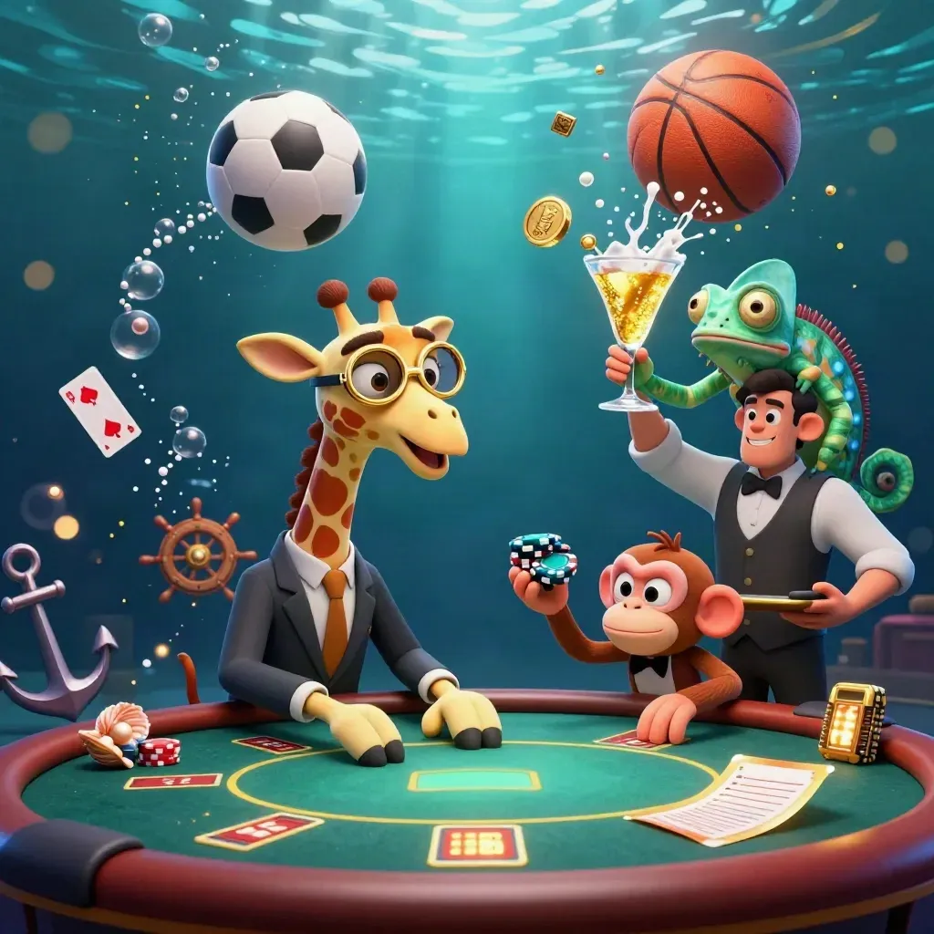 Glamourous casino animals underwater with gold coins, cards, bubbles, and sports balls frozen in action.