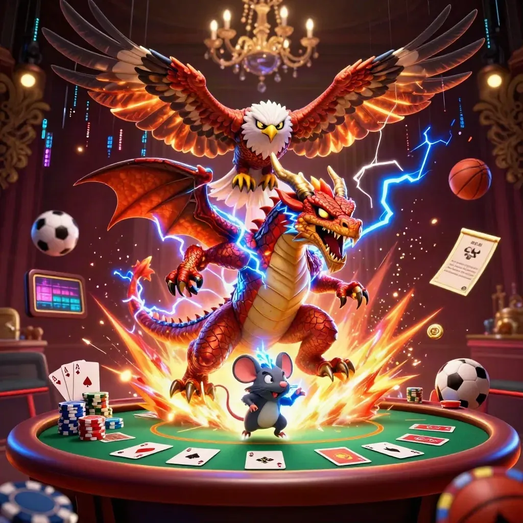 Thunder dragon, hawk, and mouse amid casino chips, cards, balls, and lightning