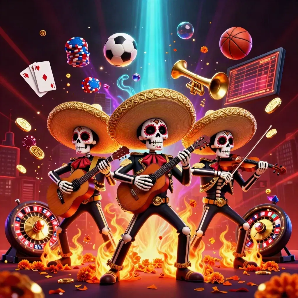 Skeleton mariachi trio amid casino coins, roulette wheel, chips, and glowing neon sports props.