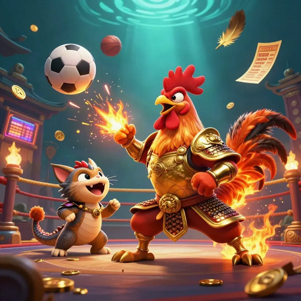 Rooster warrior, dragon hatchling, and fortune cat amid sparks, coins, and flying sports balls.