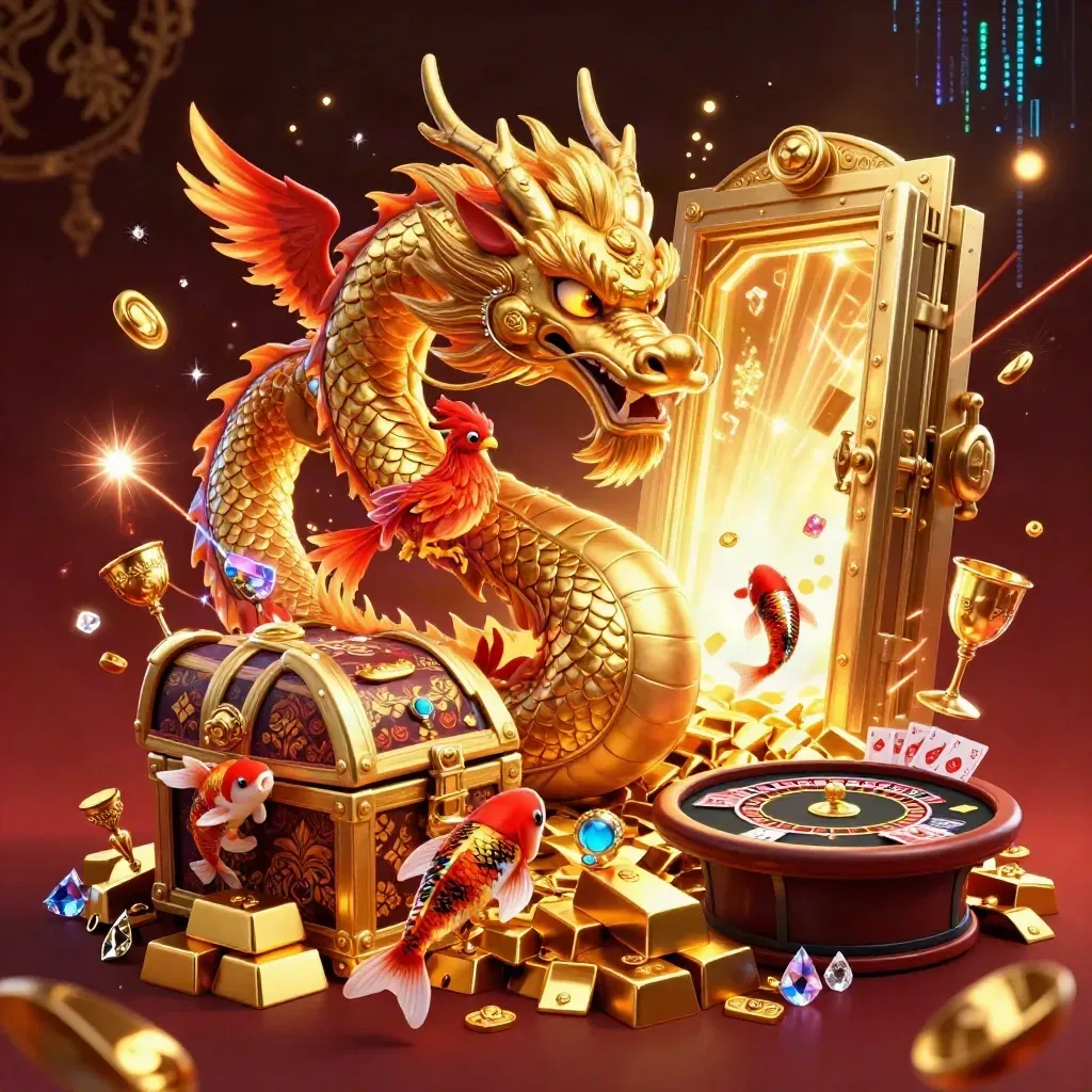Golden dragon with phoenix, koi, vault door, gold and jewels in a luxe casino scene.
