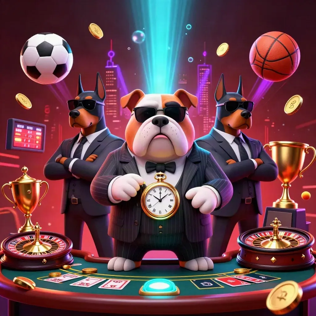 Bulldog boss with two Dobermans amid casino props, glowing balls, trophy, roulette, and neon light.