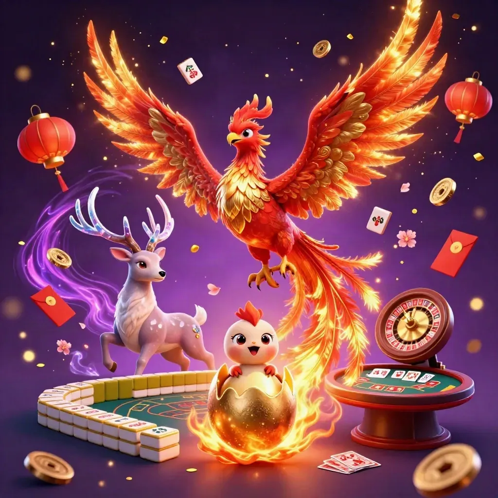 Phoenix, hatchling, and crystalline stag amid casino magic, lanterns, coins, and roulette glow.