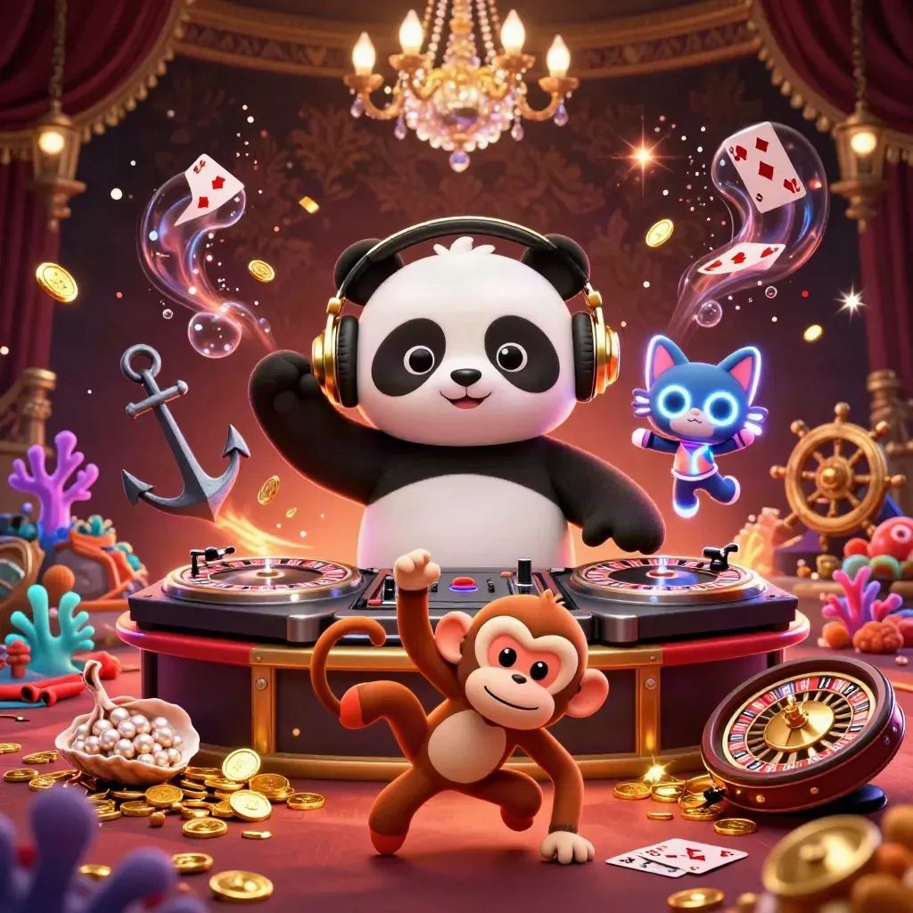 DJ panda, breakdancing monkey, and glow-stick kitten in a luxe casino-undersea treasure scene.