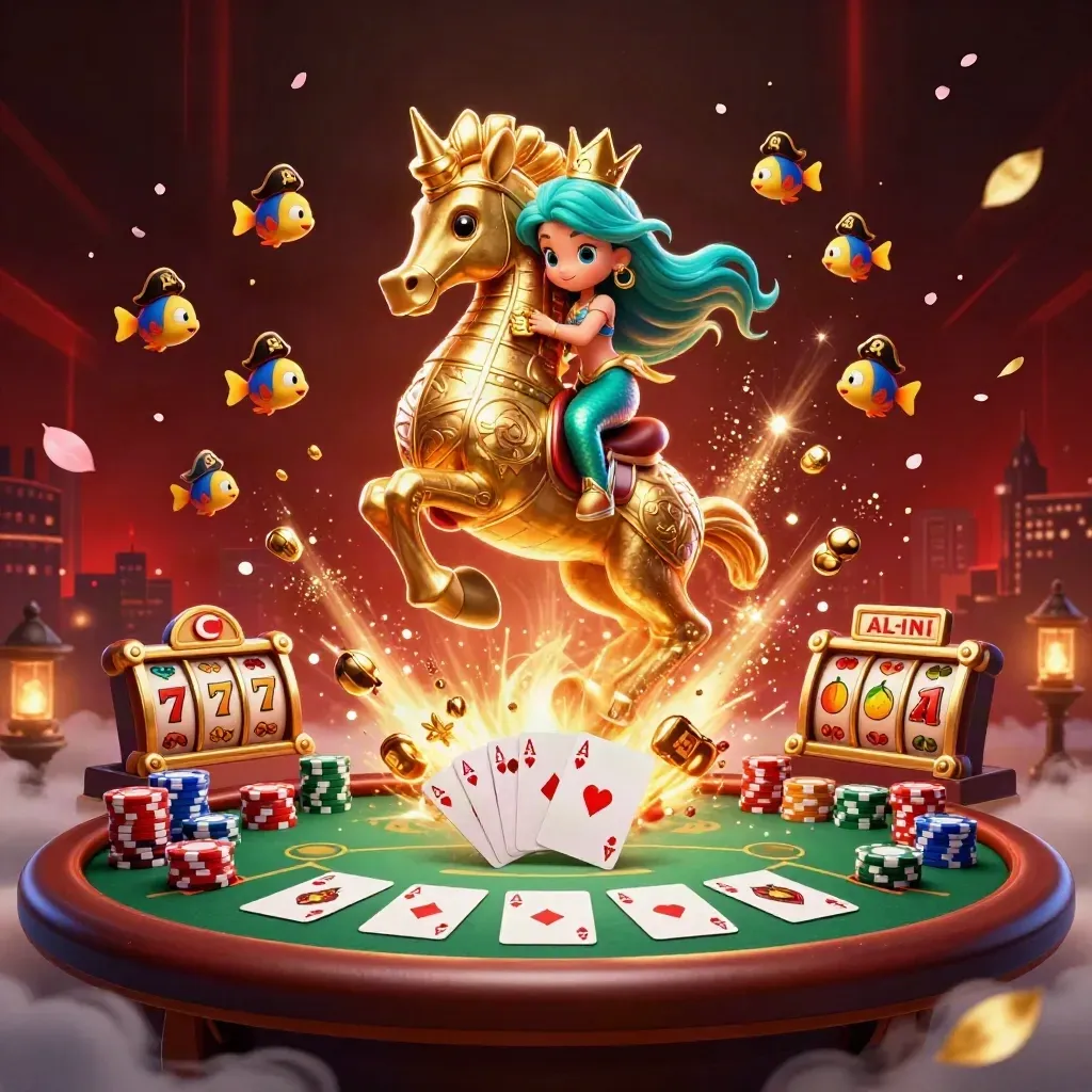 Mermaid princess on armored seahorse amid poker chips, aces, reels, and fiery casino glow
