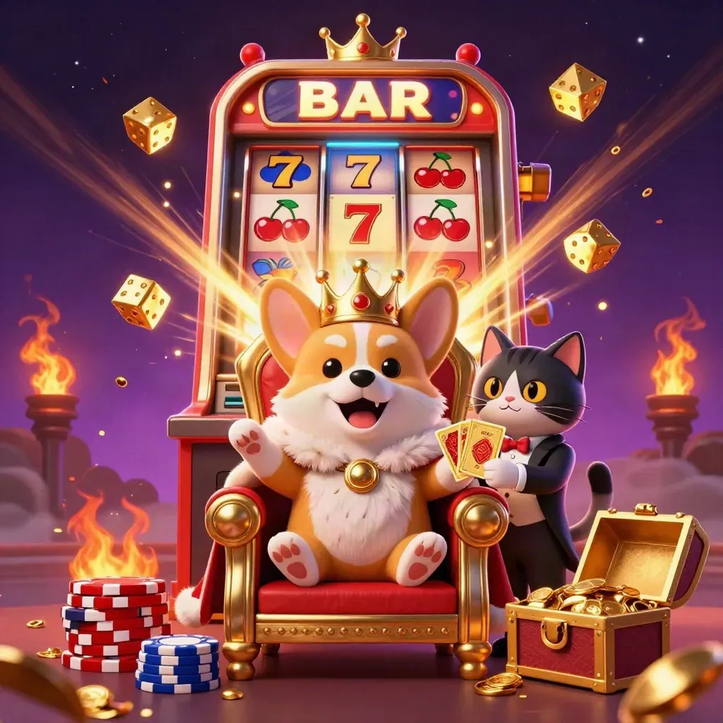 Royal corgi and cat butler amid exploding jackpot symbols and gold