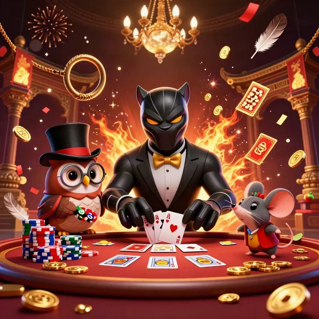 Tuxedo panther, owl, and mouse in casino magic with coins, feathers, and fiery luxury.
