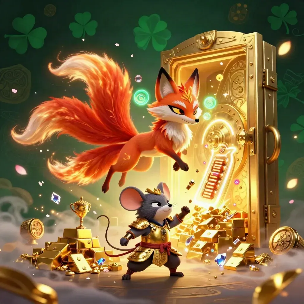 Fox spirit and armored mouse before an opened vault, with gold, gems, and glowing magic.