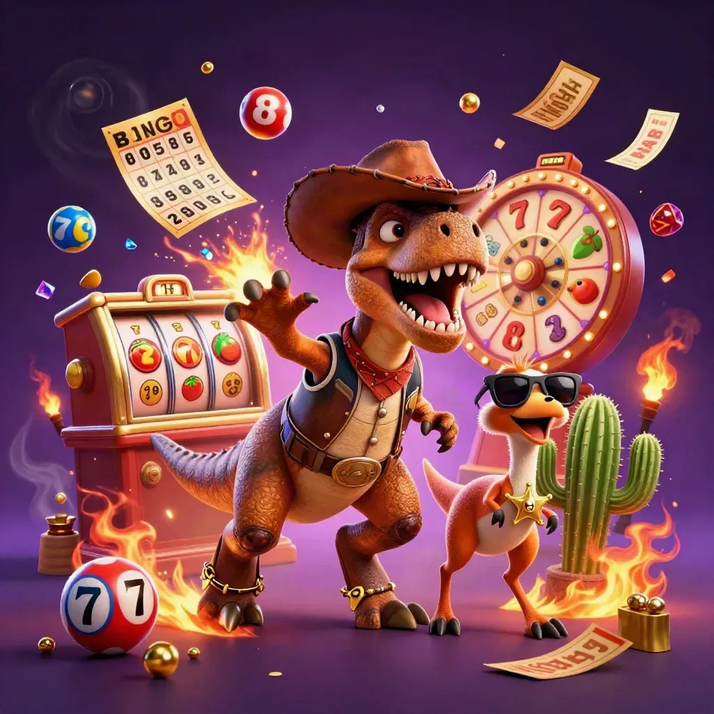 Cowboy T-Rex, cactus sidekick, and roadrunner burst amid casino loot in fiery neon light.