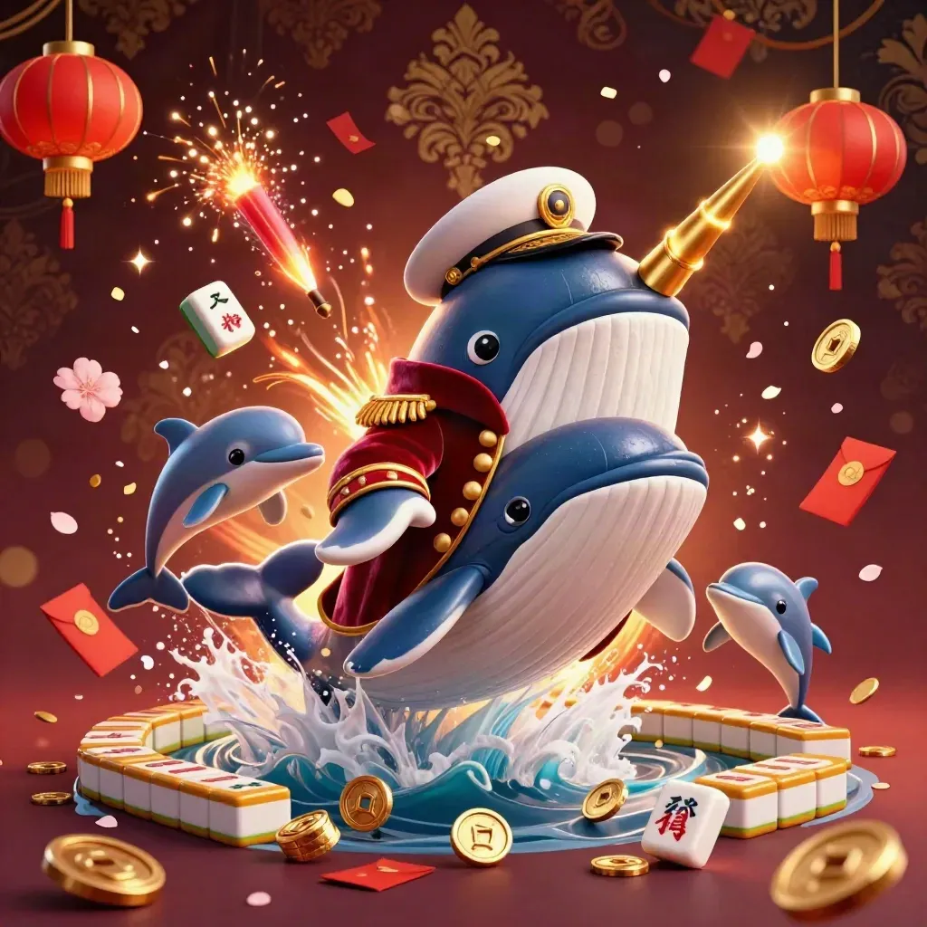 Cartoon whale captain, narwhal, and dolphins burst through coins amid casino magic.