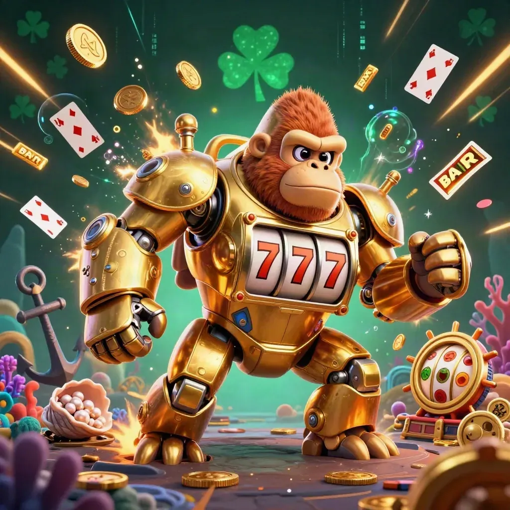 Golden gorilla slot mech with monkey pilot, coins, coral, cards, and fireworks in a luxe casino splash scene.