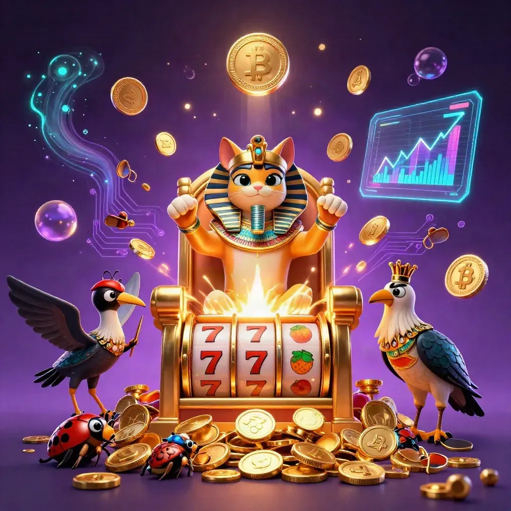 Pharaoh cat, ibis scribe, and gem-wing scarabs amid coins, fire, and neon casino magic.